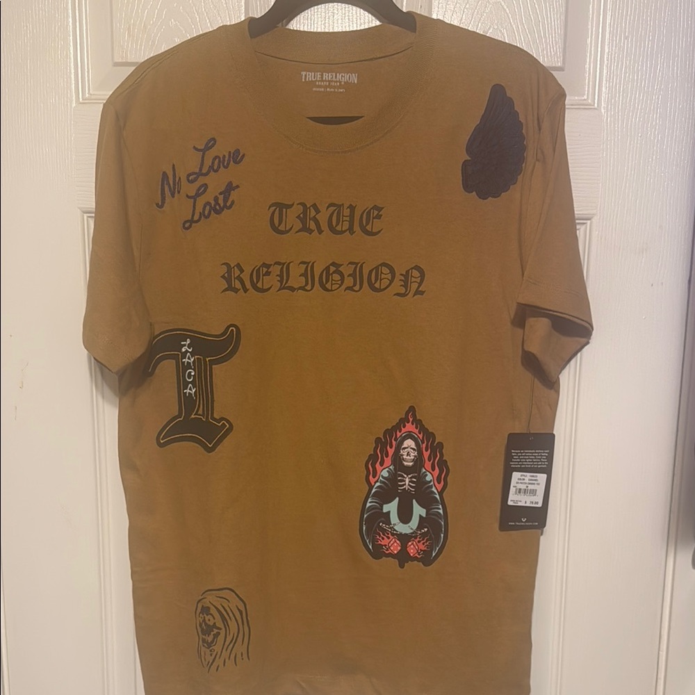 True Religion Caramel Short Sleeve Tee with Decorative Patches